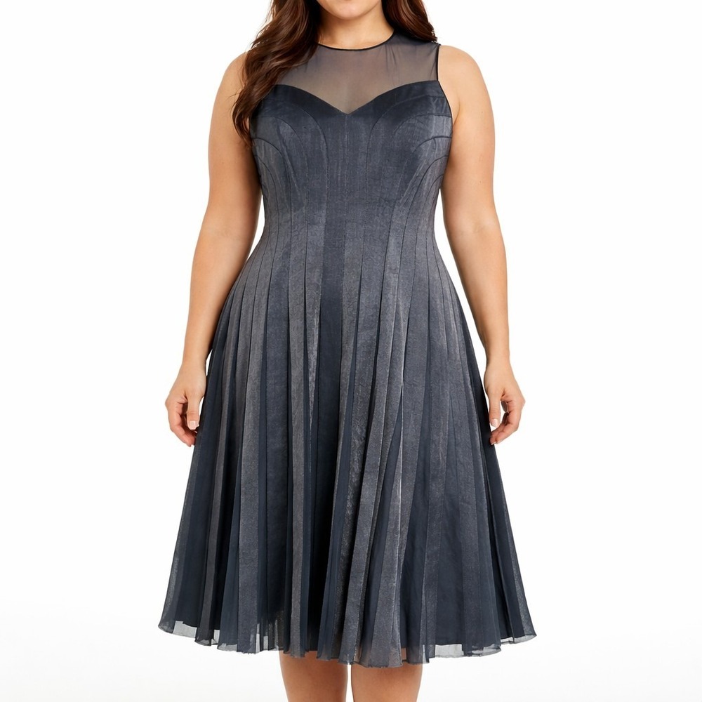 ADRIANNA PAPELL Size 12P Blue Gray Metallic Pleated Formal Party Cocktail Dress - Picture 1 of 9